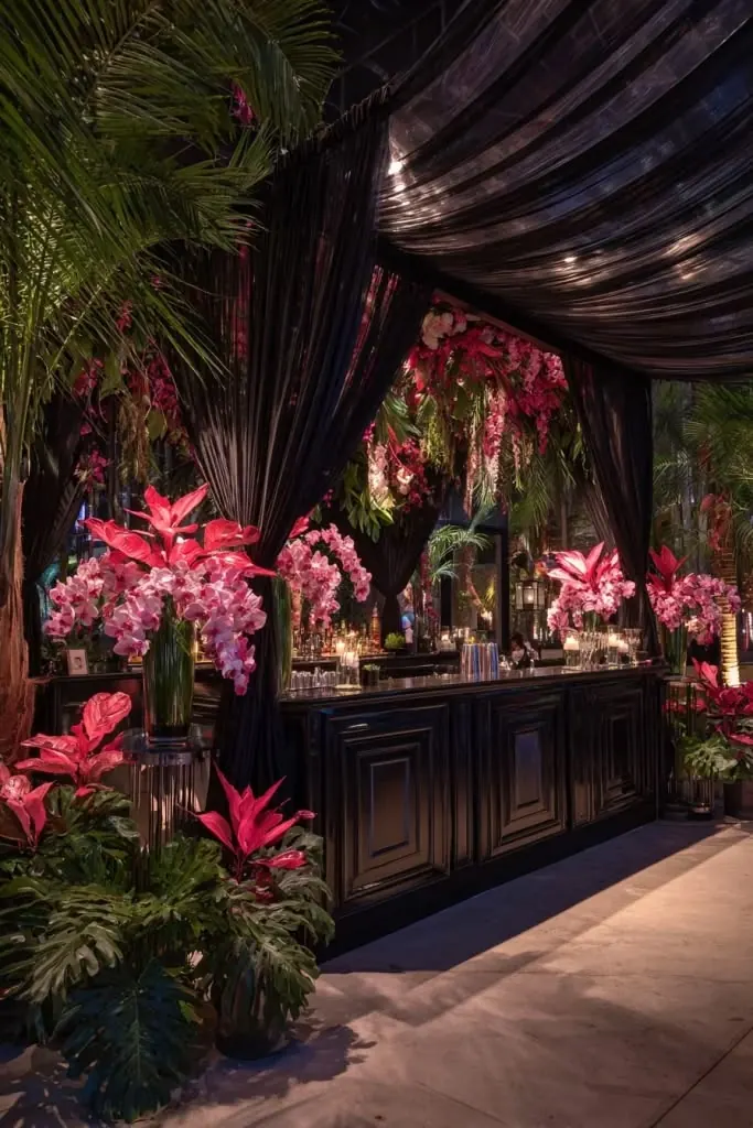 Sangeet night at a farmhouse in Delhi NCR with a floral bar and draped evening lighting