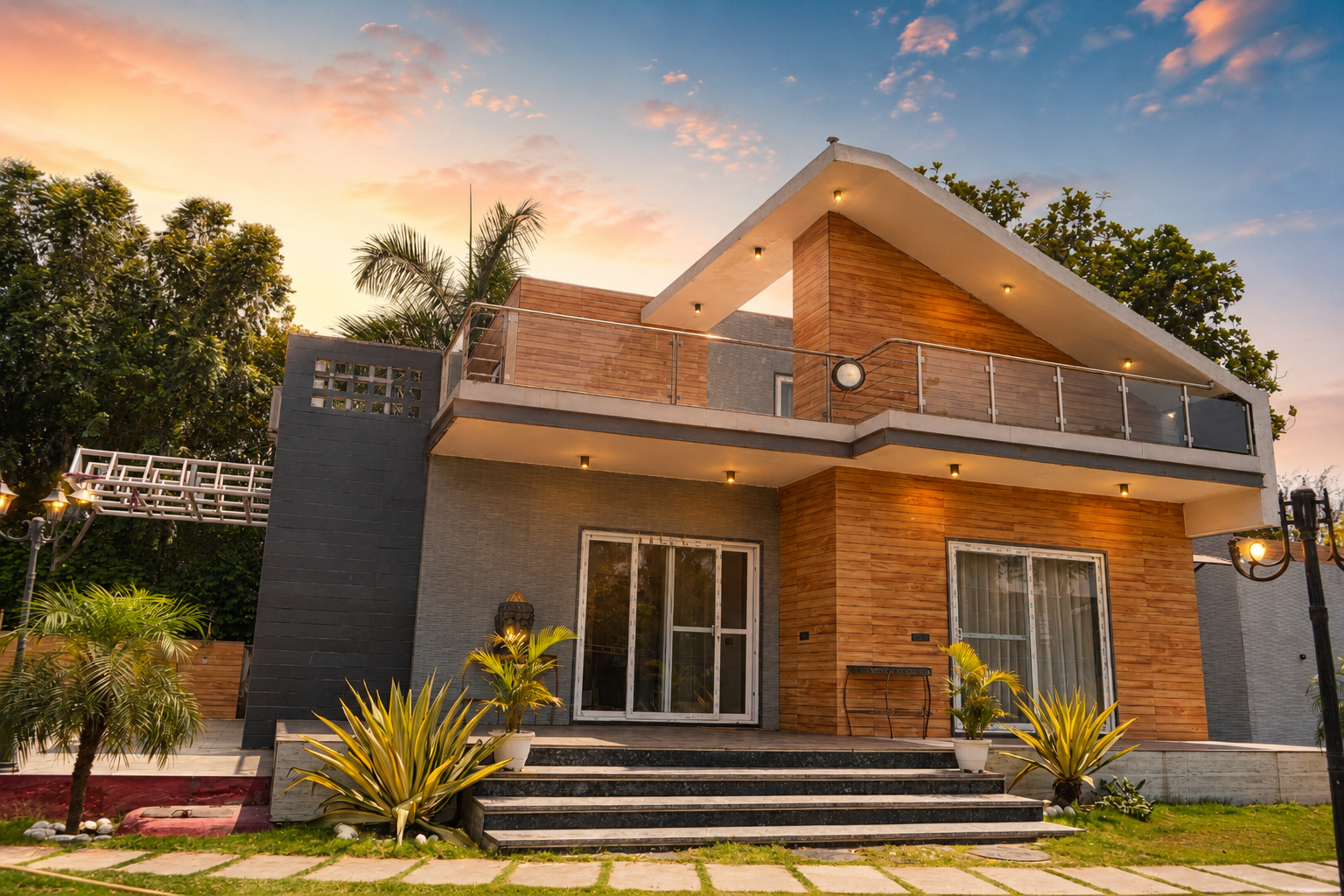 Pre-wedding shoot at a farmhouse in Delhi NCR: a modern private farmhouse with lawn and palms in golden-hour light
